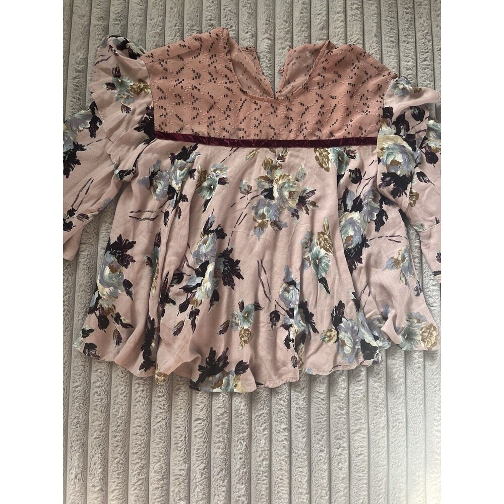 Ivy Jane Purple Boho Peasant Top Size L Velvet Trim Patchwork Asymmetric Floral